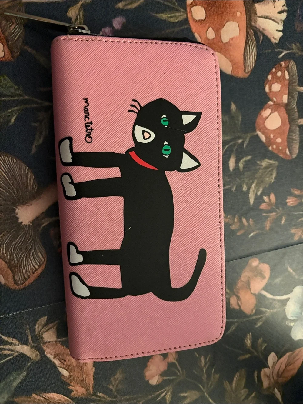 Pink Cat Zip Wallet with Black Cat Illustration
